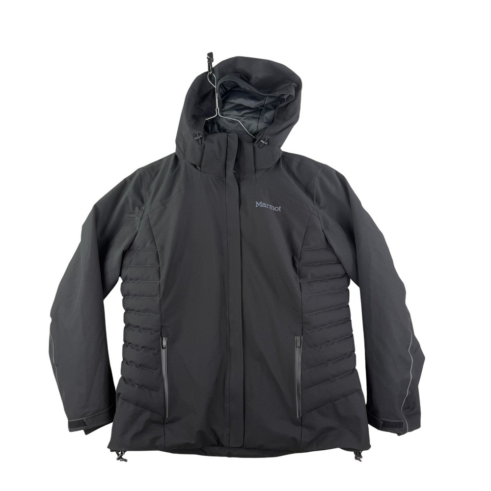 Marmot Ski Jacket Women XL Black 700 Fill Down RECCO‎ Winter Coat Hooded Puffer